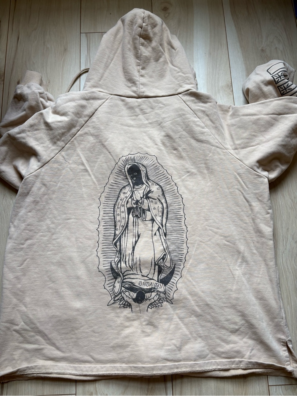 Badwood Women’s Small Graphic Zip Up Hoodie Cream Beige Streetwear Prayer Hands - Picture 8 of 11